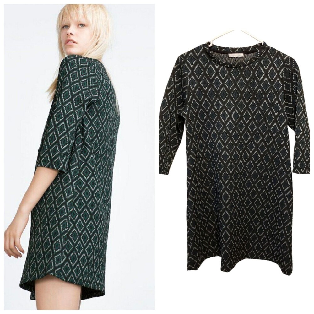 Zara Green and Black Trafaluc Geometric Print Shift Dress Medium